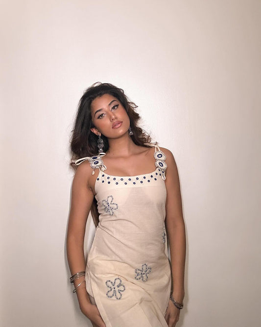 Women's Premium Cotton Flex Co-ord Set with Mirror Embroidery Work – Off White