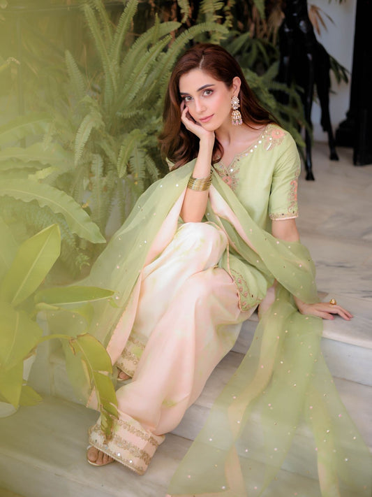 Designer Pure Crepe Party Wear Top & Farshi Palazzo with Dupatta. Embroidery, sequins & mirror work.