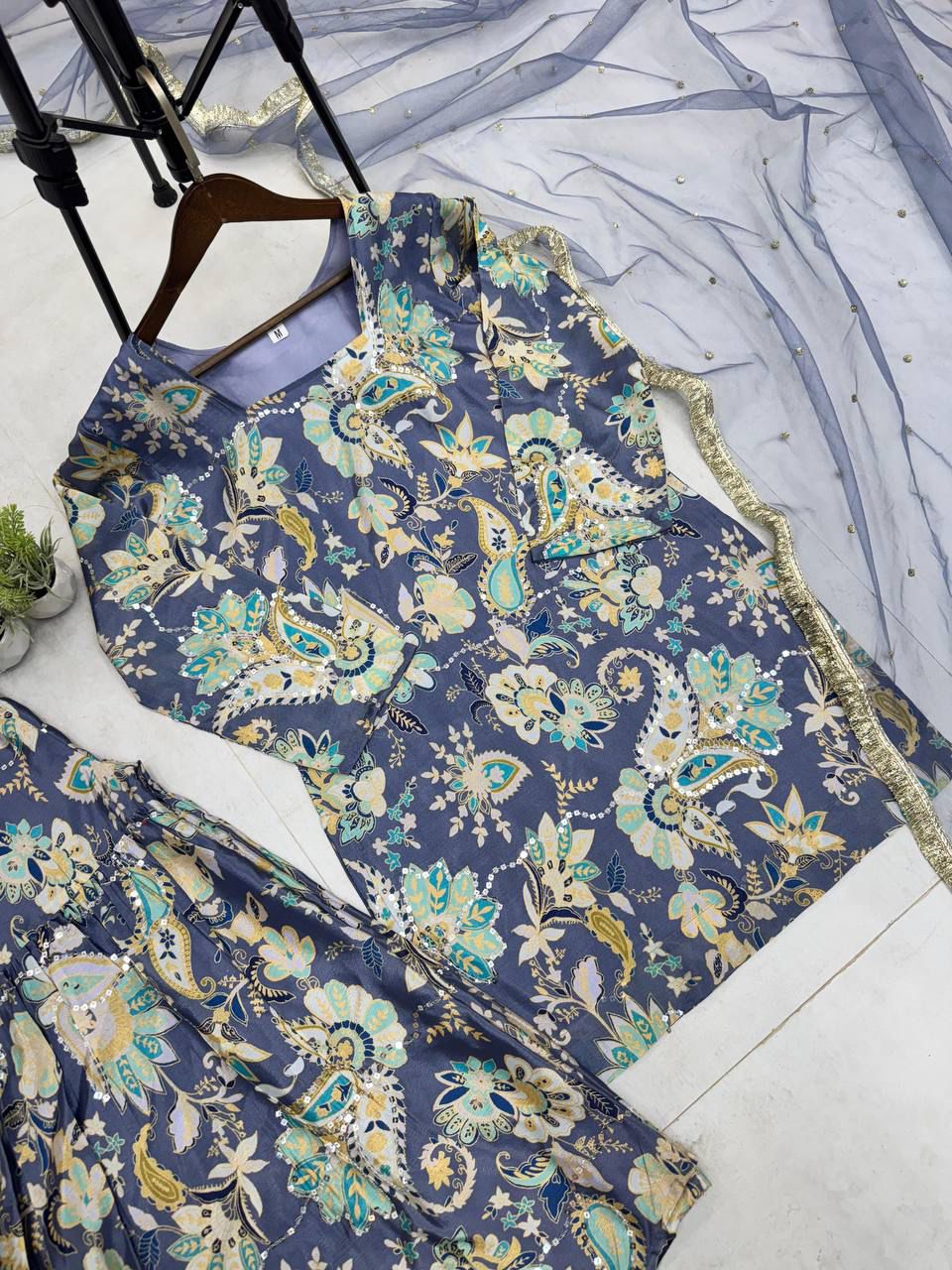 Designer Chinon Sharara Suit Set with Embroidery Work