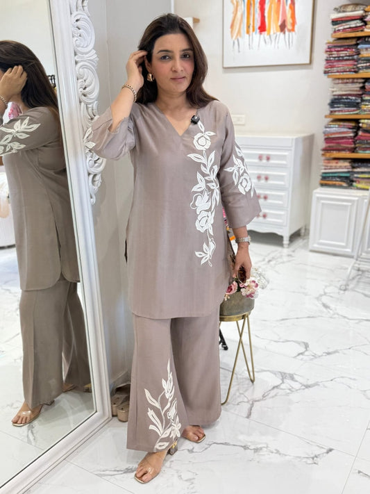 Premium Grey Cotton Slub Embroidered Co-ord Set for Women