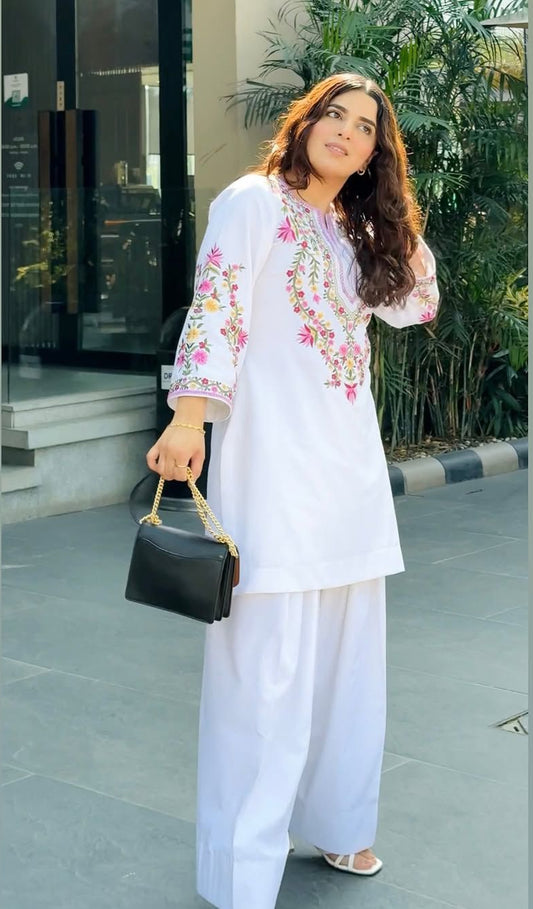 Designer Pure Natural Crepe Silk Kurti Set with Farshi Pant & Dupatta