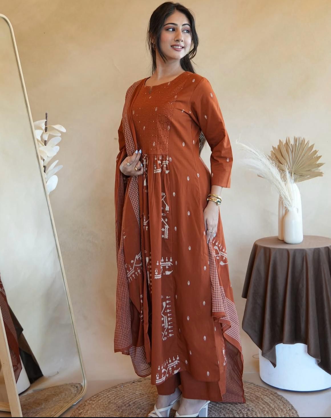 Embroidered Cotton Anarkali Suit Set with Dupatta