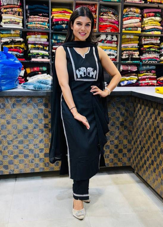 Black Cotton Embroidered Kurti Pant Dupatta Set for Women