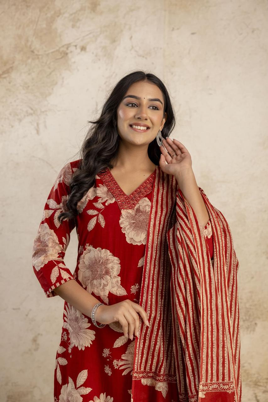 Floral Cotton Embroidered Kurta Set with Pant & Dupatta