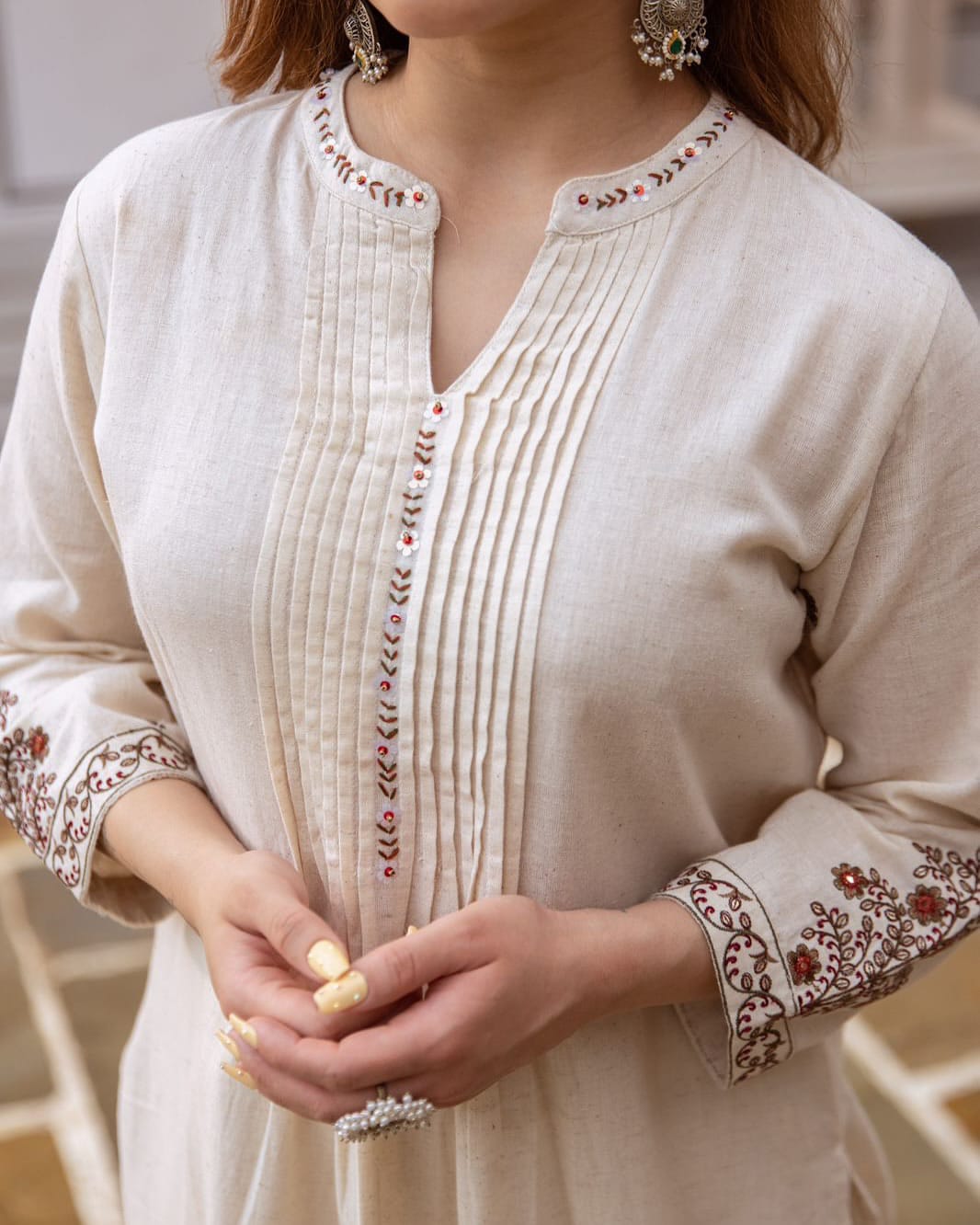 Taj South Cotton Embroidered Suit Set – Cream