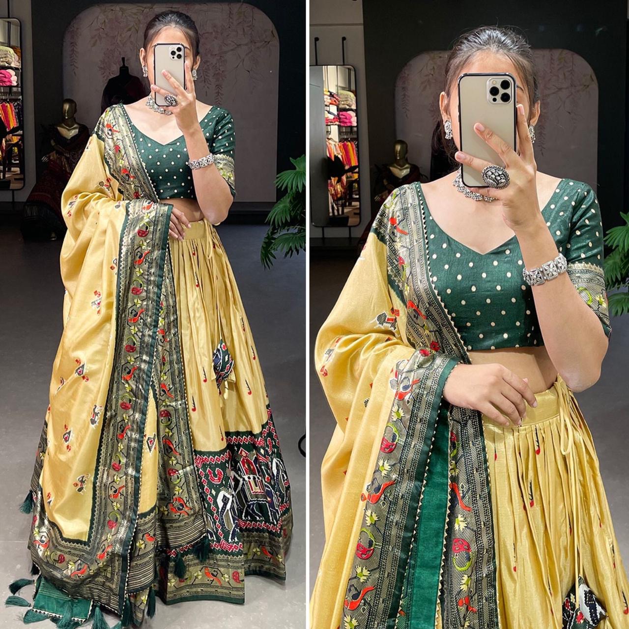 Tussar Silk Patola Printed Lehenga Choli Set with Dupatta