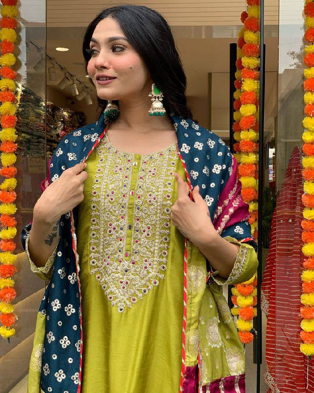 Viscose Chanderi Embroidered Suit Set with Jacquard Dupatta