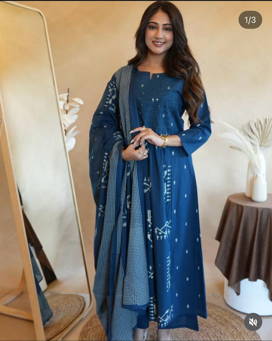 Embroidered Cotton Anarkali Suit Set with Dupatta