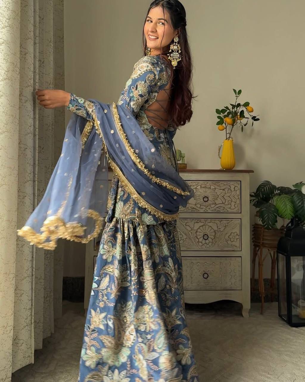 Designer Chinon Sharara Suit Set with Embroidery Work
