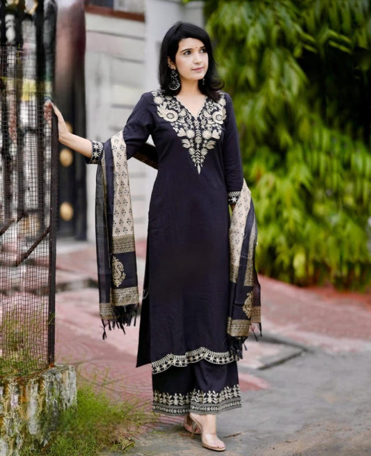Black Khadi Cotton Embroidered Suit Set with Digital Print Dupatta