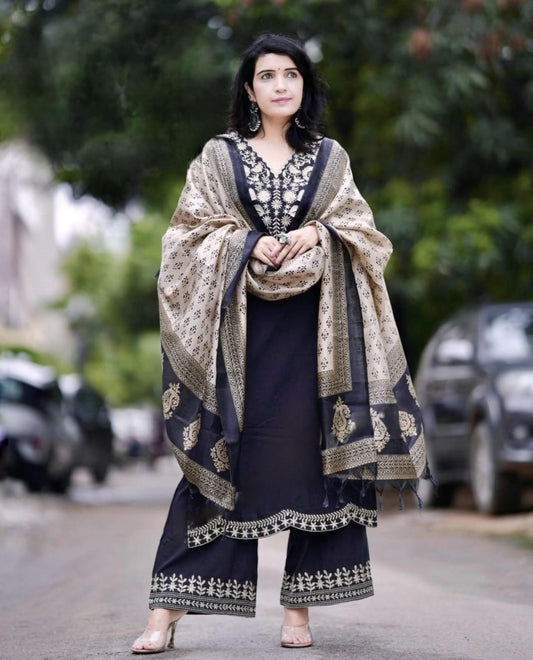 Black Khadi Cotton Embroidered Suit Set with Digital Print Dupatta