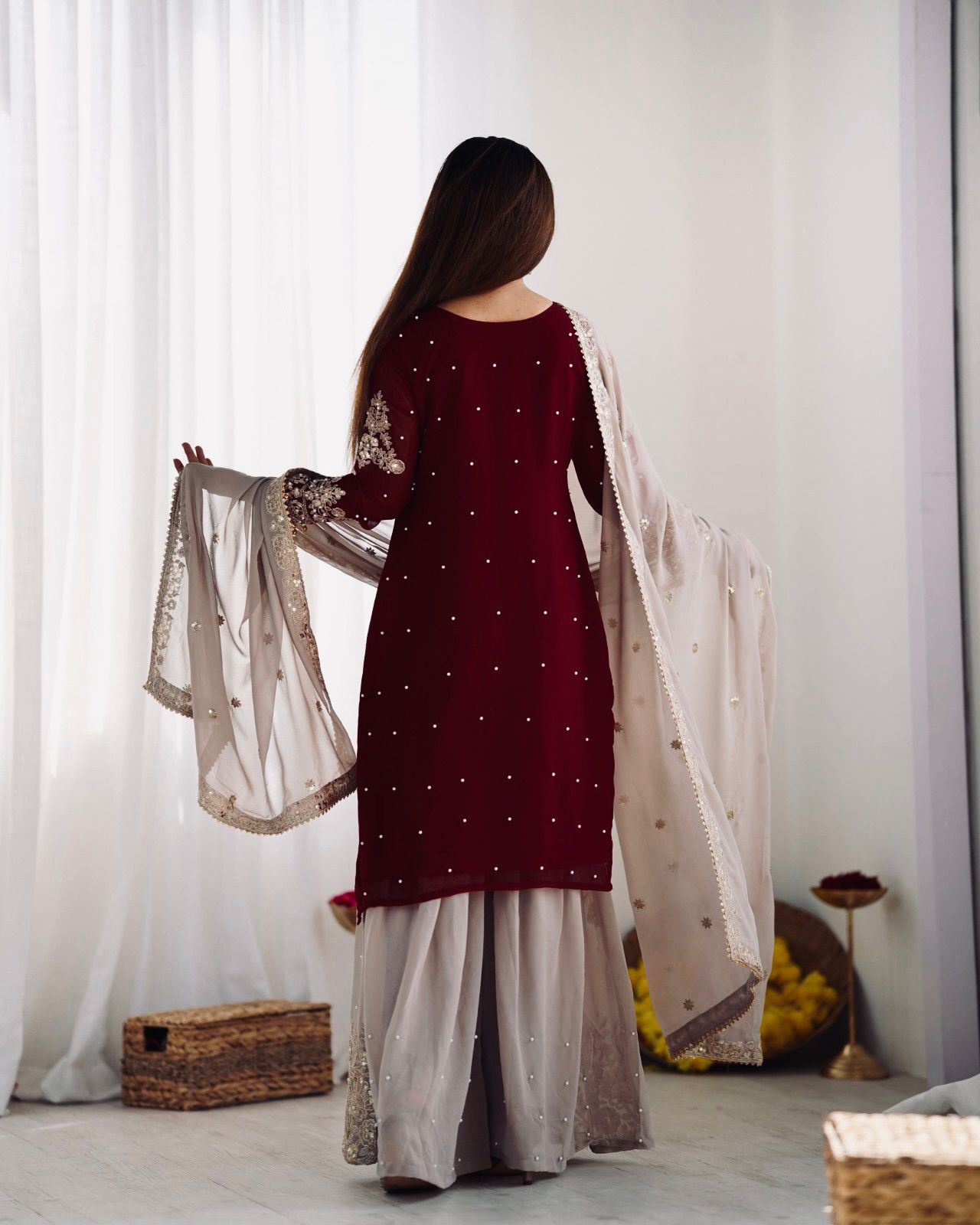 Designer Maroon Georgette Embroidered Suit Set with Dupatta