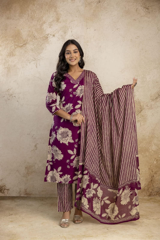 Floral Cotton Embroidered Kurta Set with Pant & Dupatta