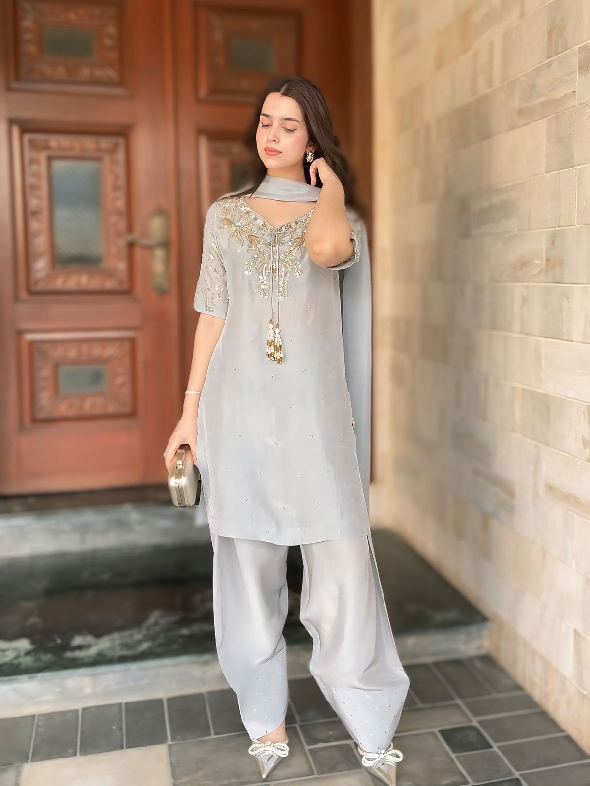 Designer Gray Crepe Farshi Palazzo Set with Dupatta