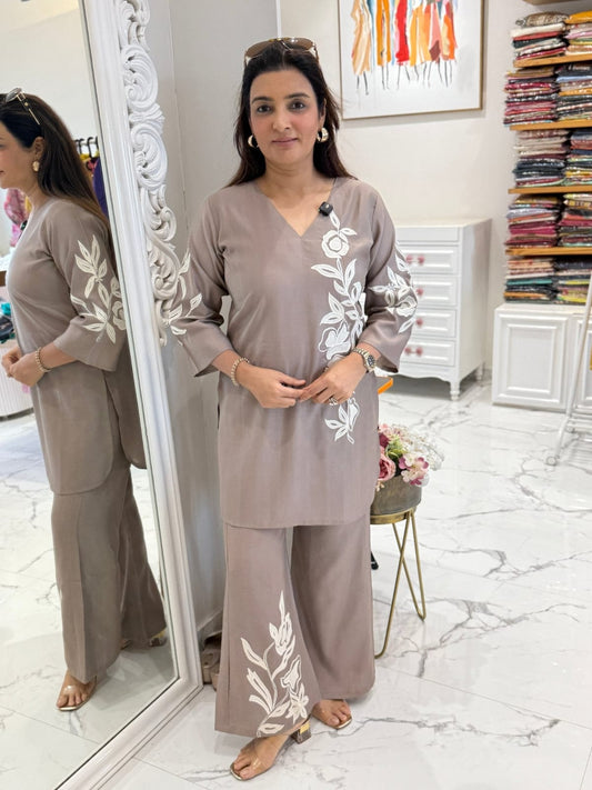 Premium Grey Cotton Slub Embroidered Co-ord Set for Women