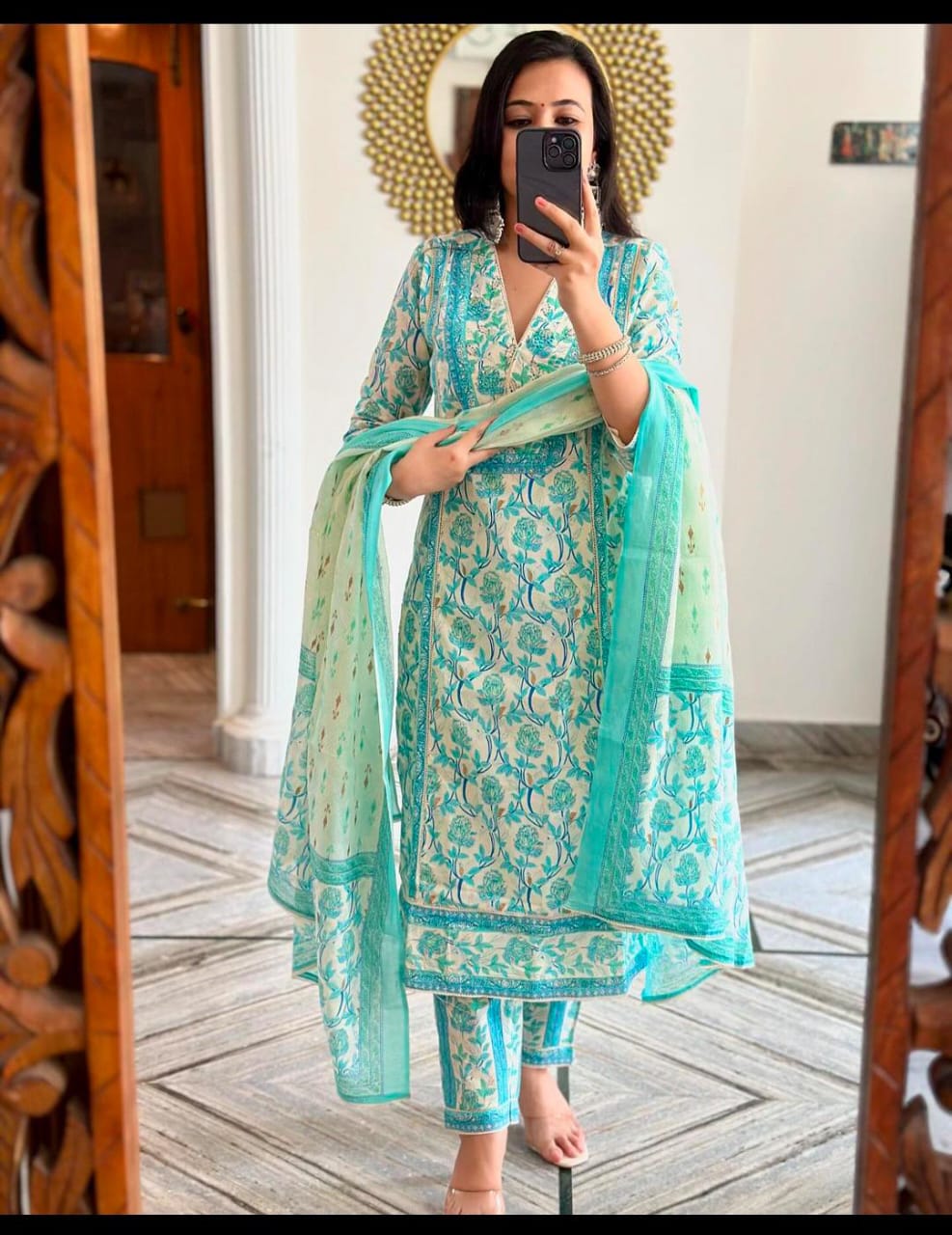 Floral Print Pure Cotton Kurti Set with Dupatta – Lace Border Design