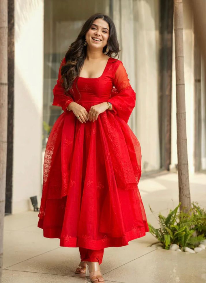 Designer Tabby Silk Gown Set with Embroidery Work & Dupatta