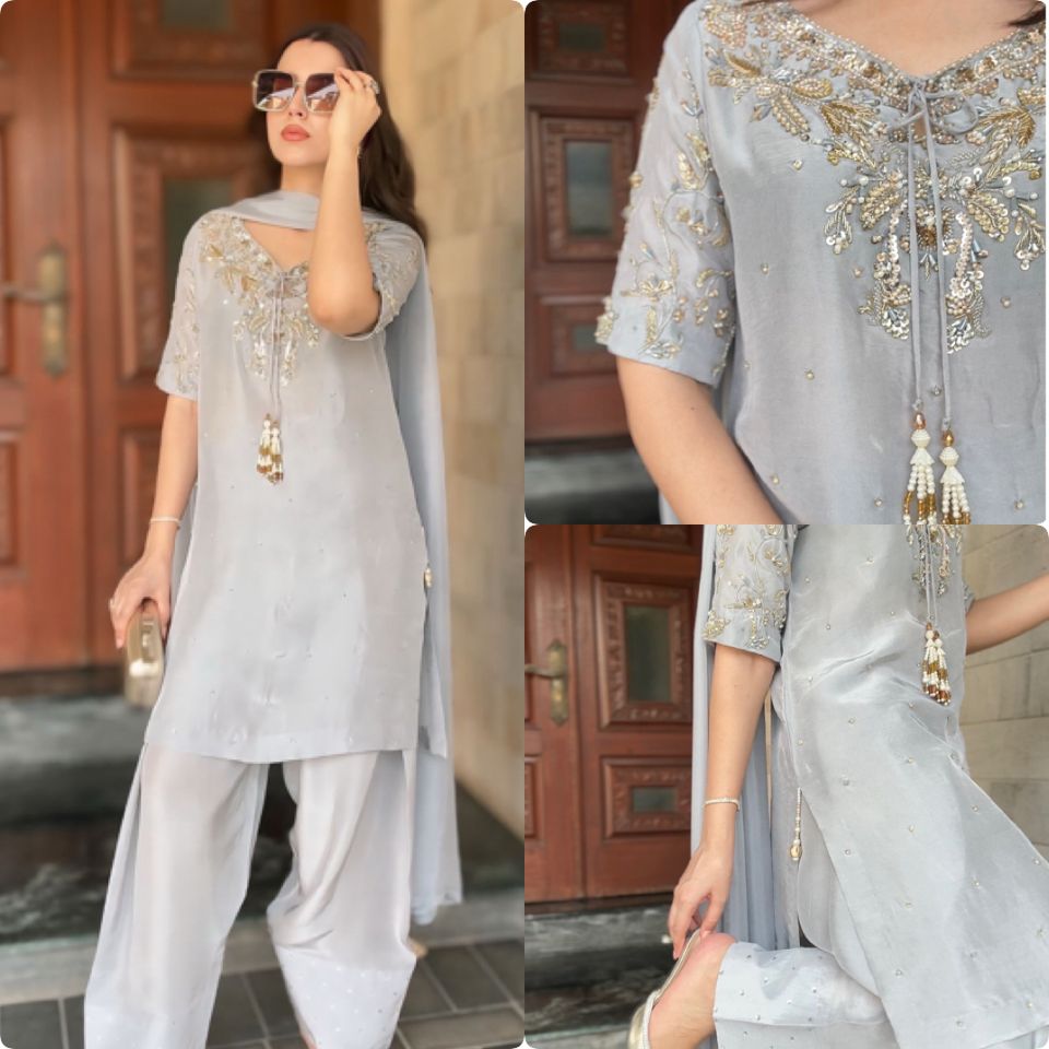 Designer Gray Crepe Farshi Palazzo Set with Dupatta