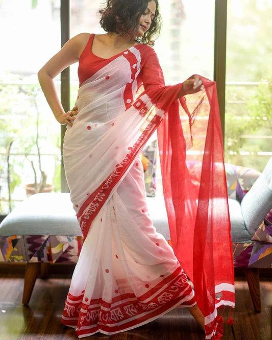 Soft Linen Digital Printed Saree with Blouse – White