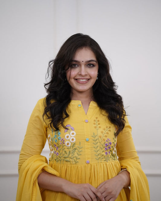 Embroidered Cotton Kurti Set with Pant & Dupatta