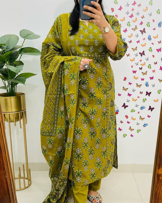 Heavy Cotton Kurti Pant Dupatta Set with Sequin Work