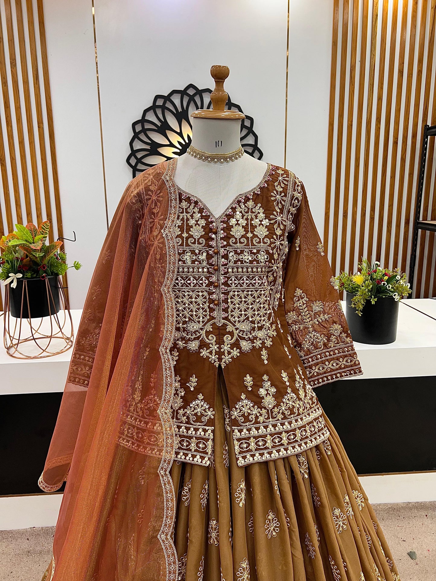 Designer Brown Embroidered Top & Lehenga Set for Women