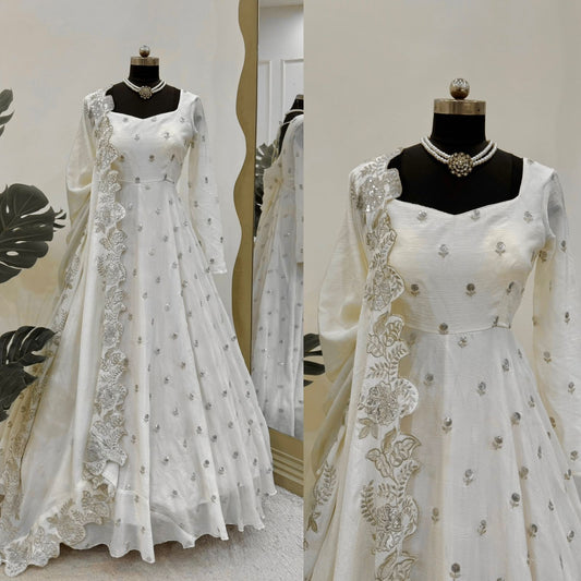 Designer Chinon Anarkali Suit Set with Dupatta – Off White