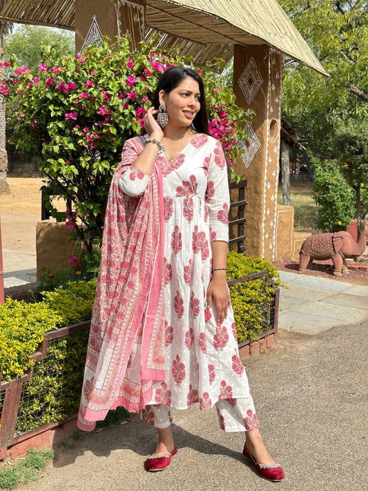 Premium Cotton Anarkali Suit Set with Dupatta – White