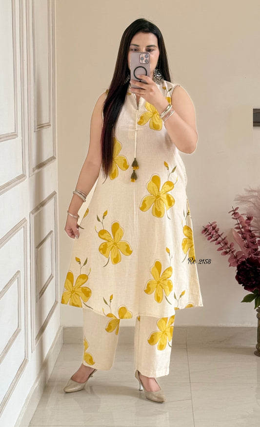 Floral Cotton Khadi Kurti Palazzo Set – Heavy Flex Fabric