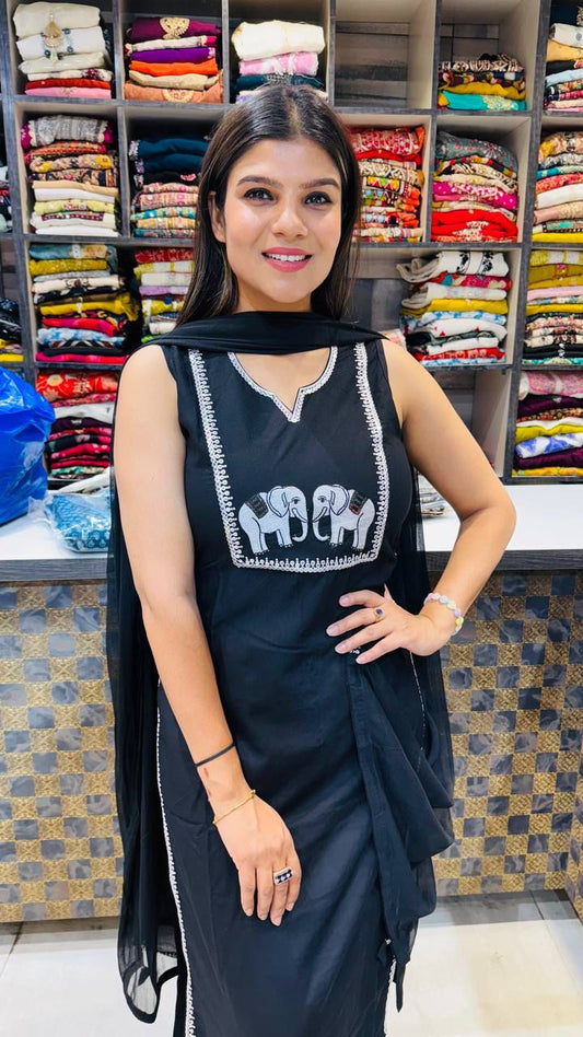 Black Cotton Embroidered Kurti Pant Dupatta Set for Women