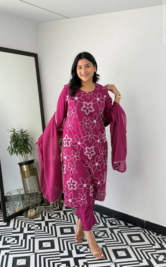 Cotton Embroidered Kurti Pant Dupatta Set – Blue & Purple