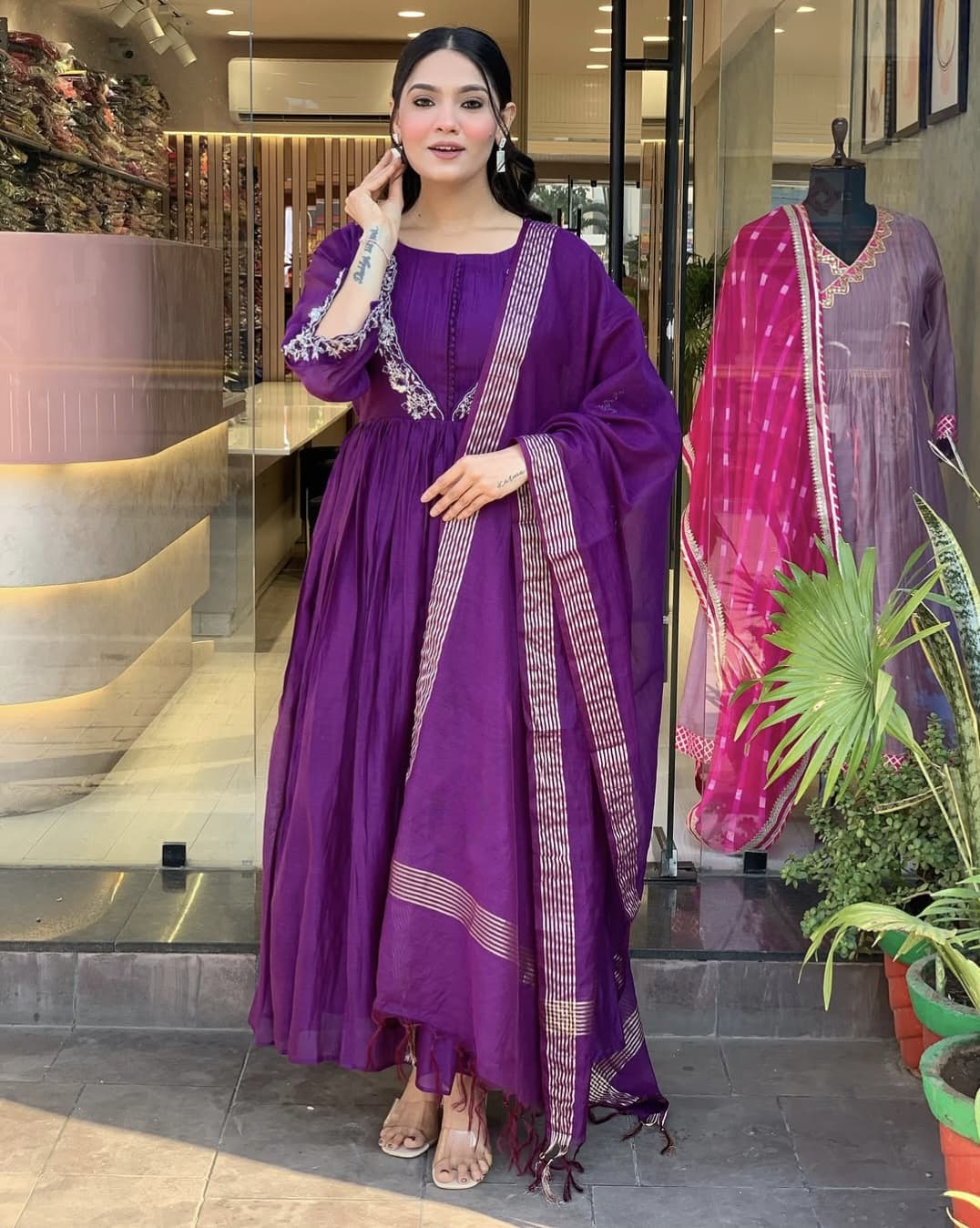 Elegant Purple Viscose Chinon Embroidered Suit Set with Chanderi Dupatta