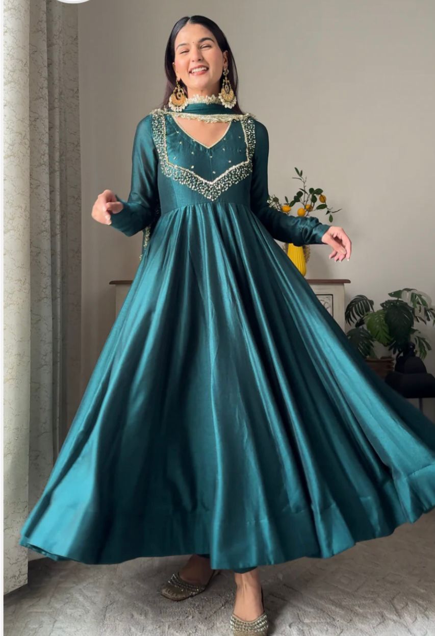 Designer Embroidered Gown Set with Dupatta & Pant – Party Wear