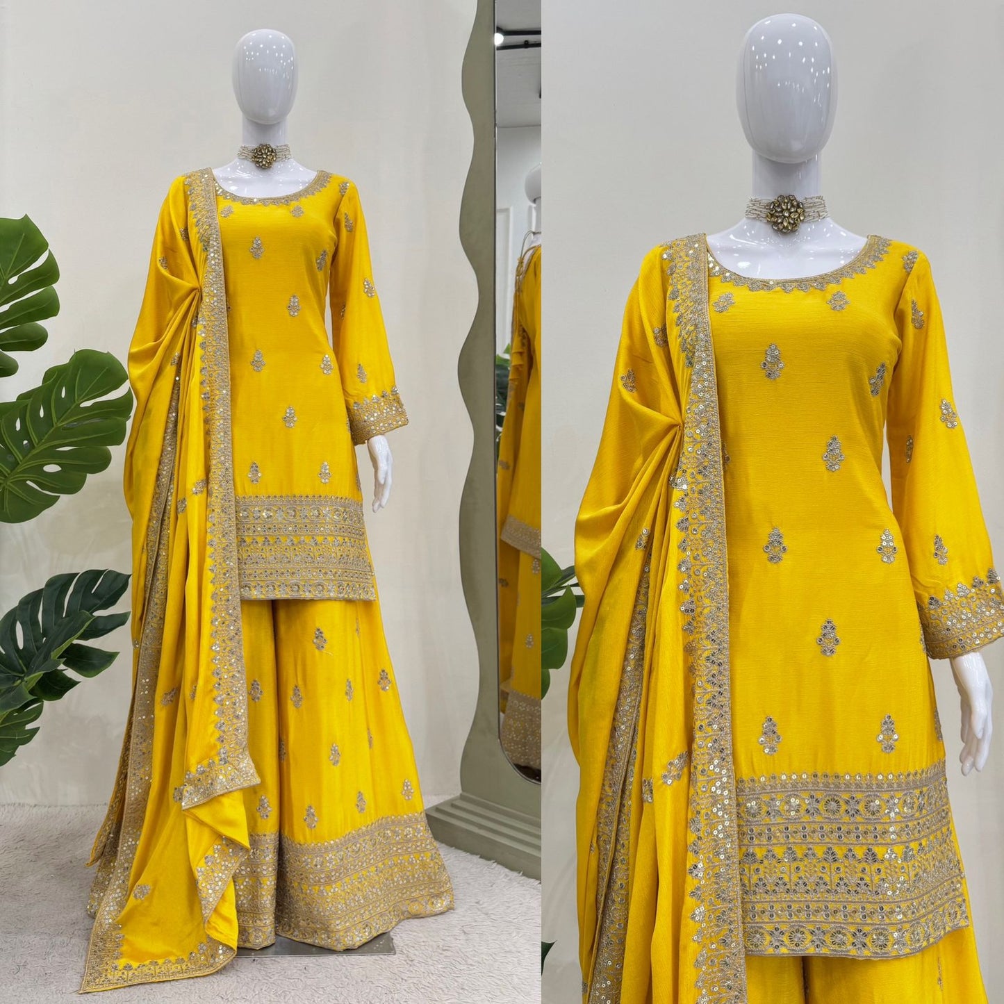 Designer Chinon Silk Kurti Plazo Dupatta Set