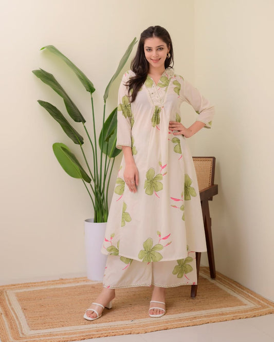Embroidered Rayon Kurti Pant Set for Women – Off White Floral Print
