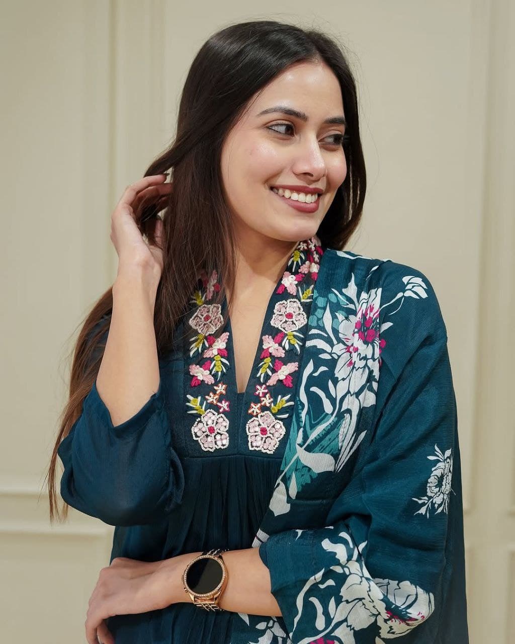 Dark Blue Heavy Chinon Embroidered Kurti Set with Dupatta