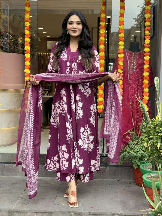 Elegant Cotton Anarkali Suit Set with Embroidery & Dupatta