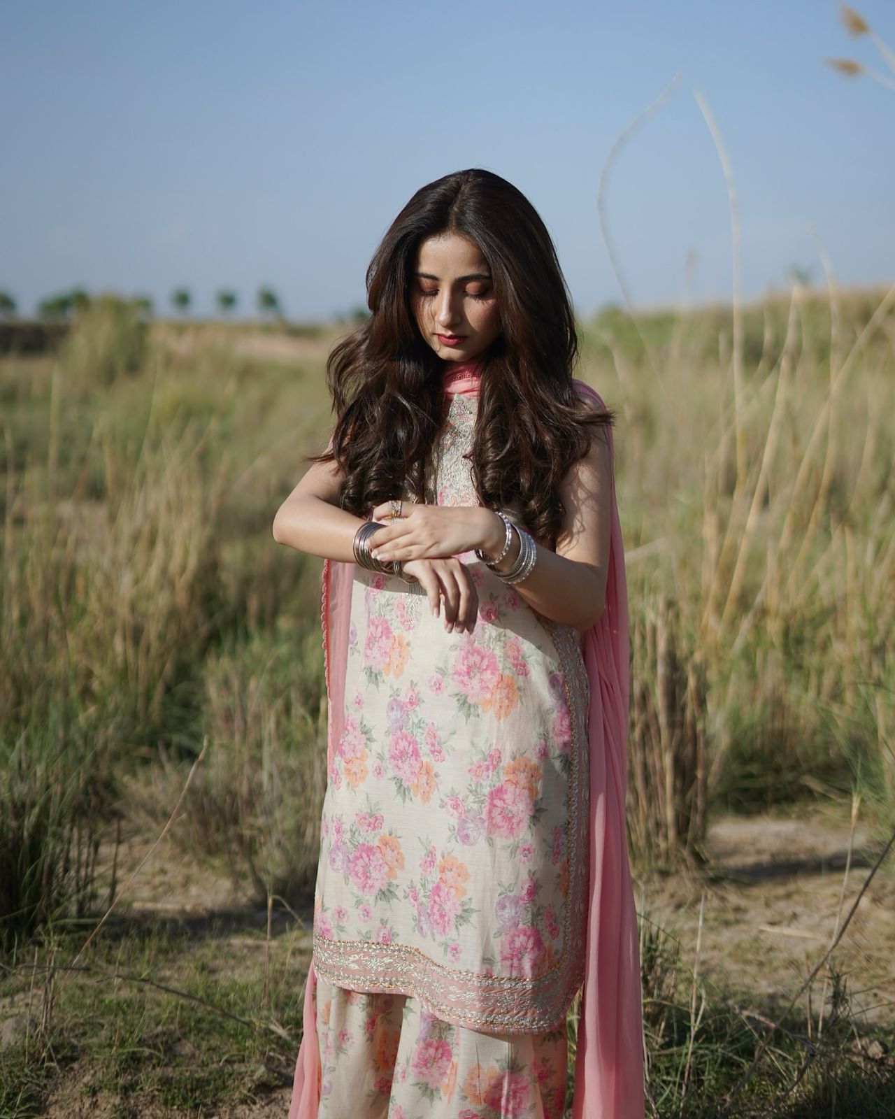 Pink Floral Georgette Party Suit Set with Farshi Palazzo & Dupatta