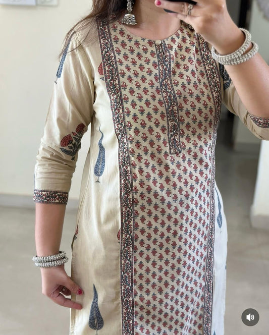 Elegant Cream Cotton Frock-Style Kurti Set