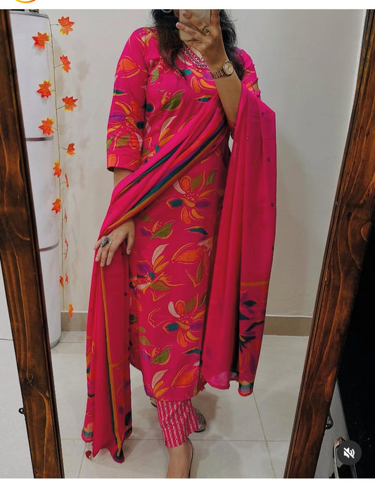 Pink Lahariya Print Malmal Cotton Suit Set with Heavy Sequins Work