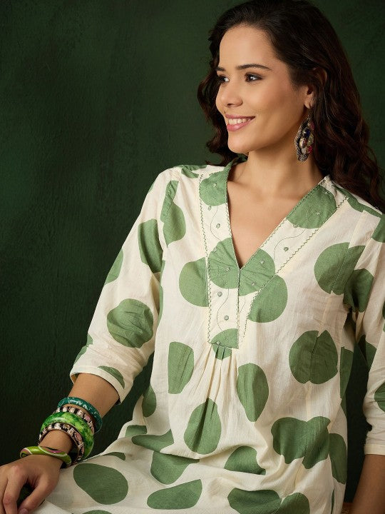 Polka Dot Cotton Kurta Pant Set with Embroidery