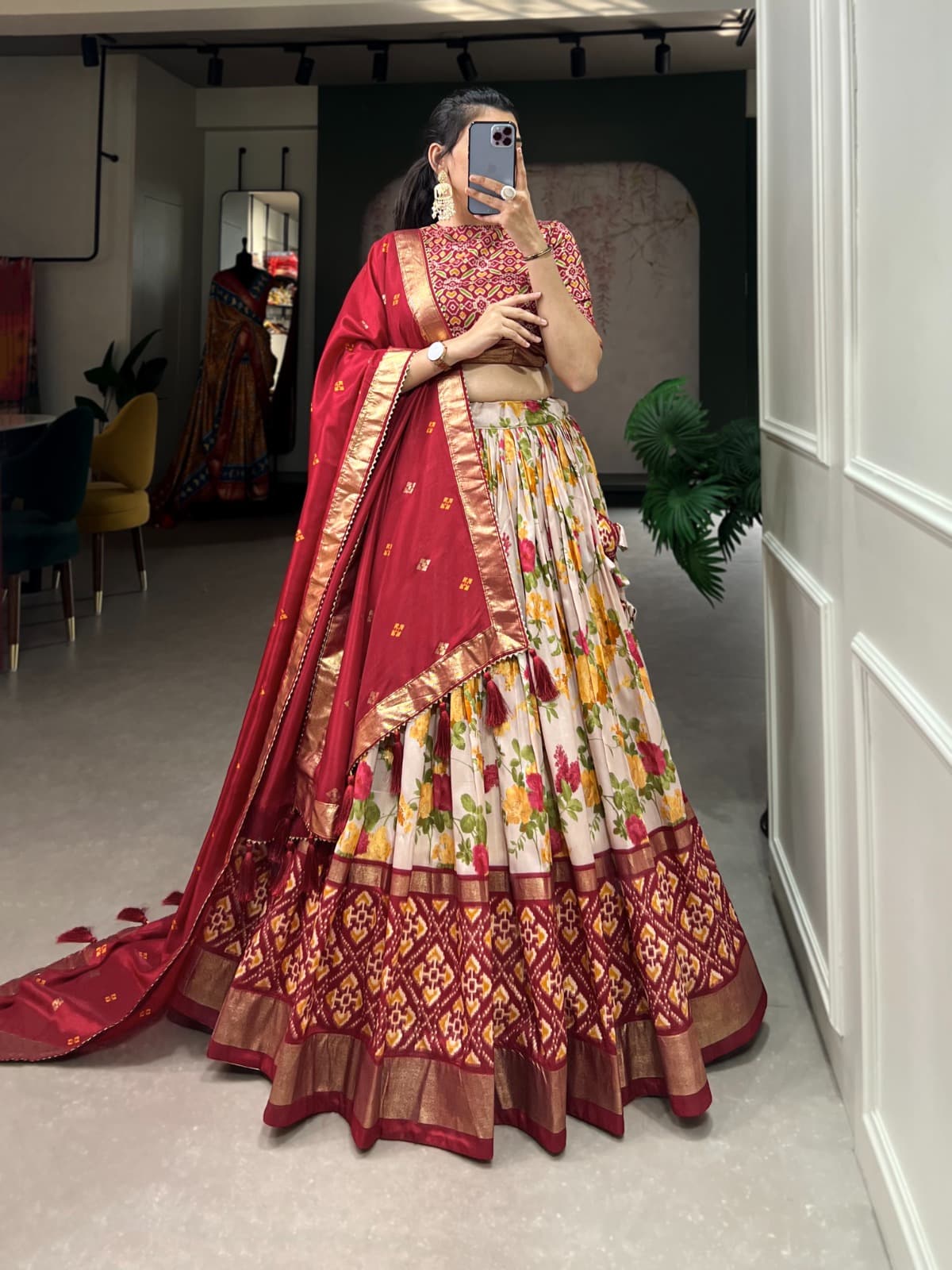 Tussar Silk Patola Print Lehenga Choli Set for Women