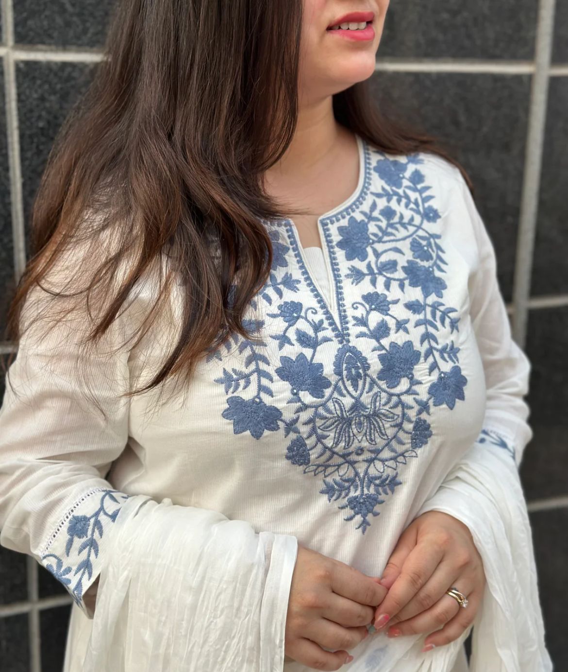 White Khadi Cotton Embroidered Suit Set with Dupatta