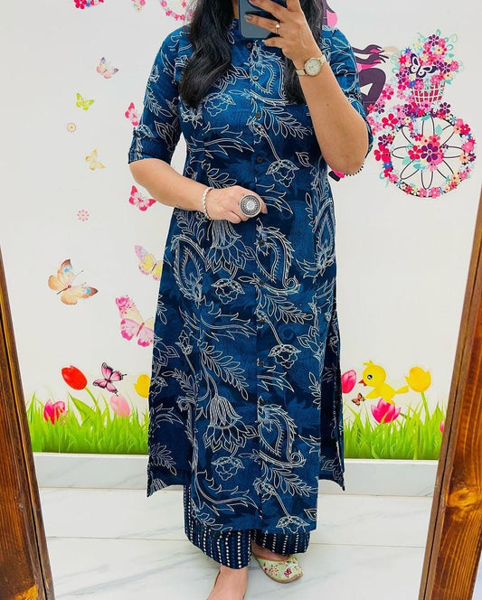 Premium Floral Fine Cotton Kurti Palazzo  co-ord Set