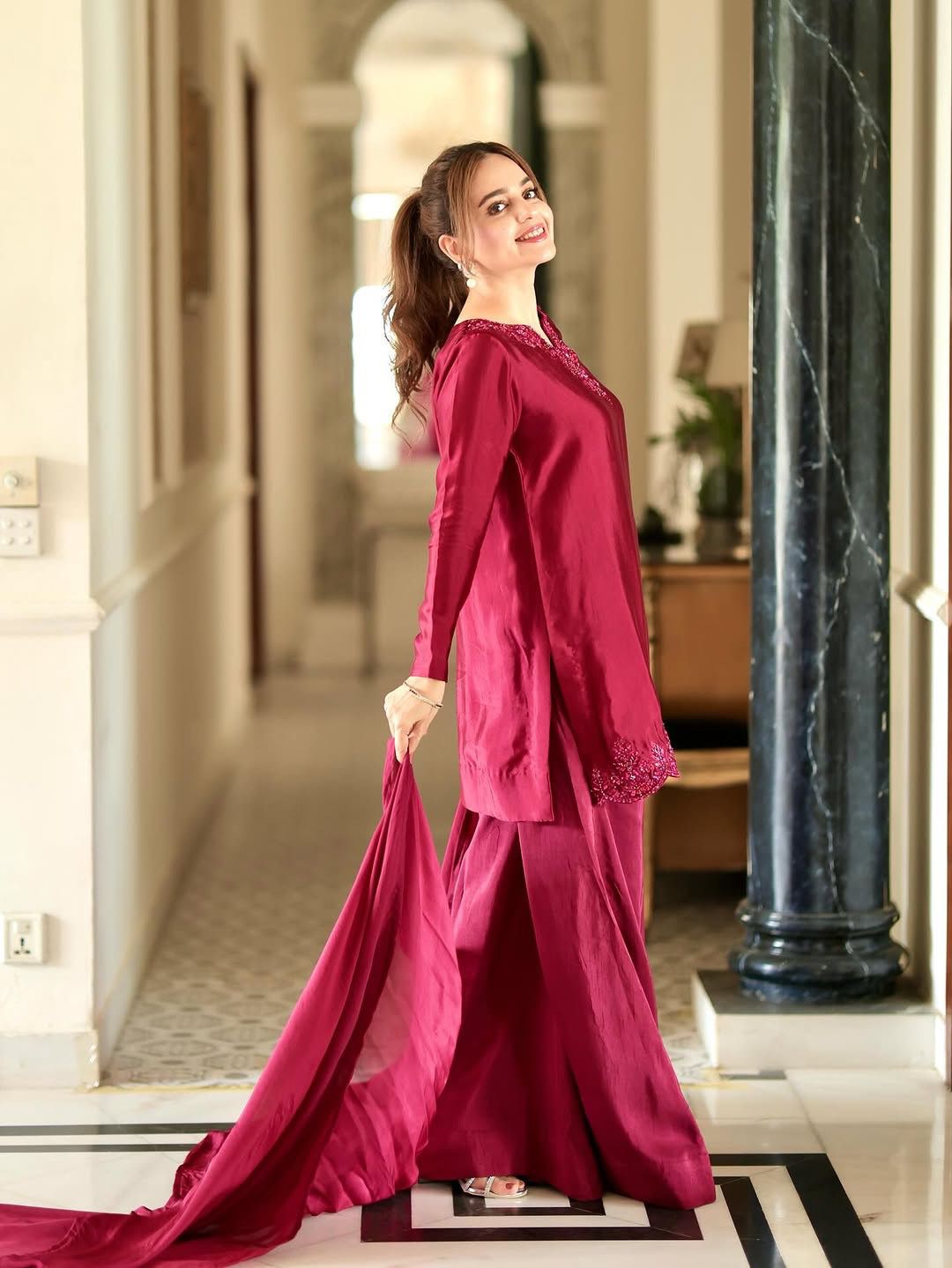 Designer Maroon Sharara Set with Embroidery Work