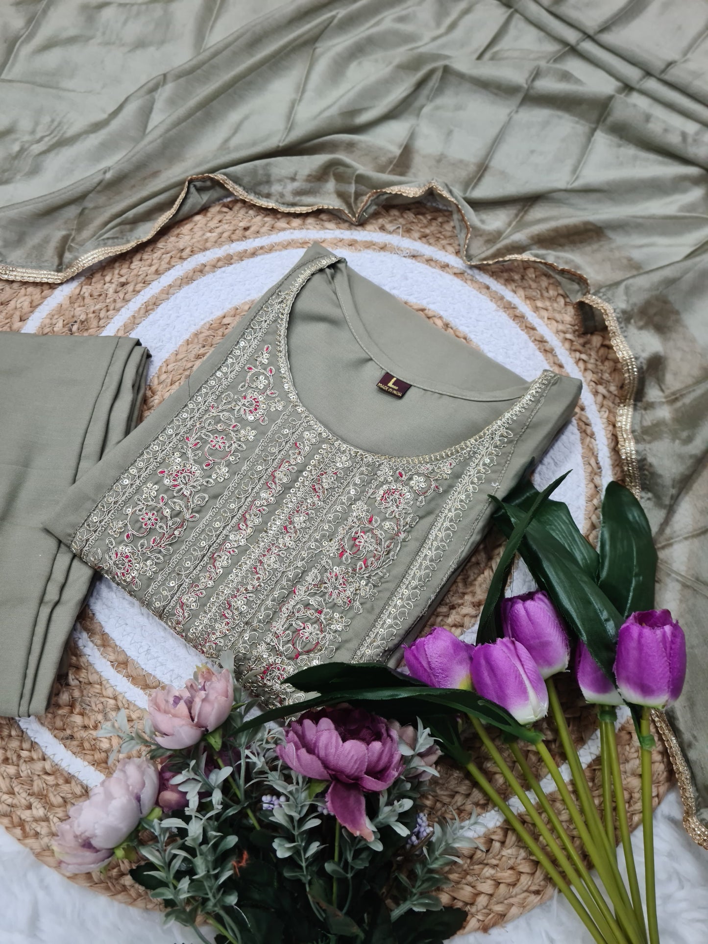 Rayon Slub Embroidered Kurti Set with Chinon Dupatta