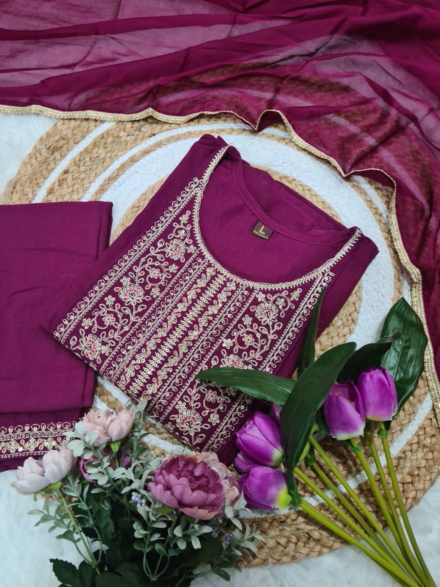 Rayon Slub Embroidered Kurti Set with Chinon Dupatta