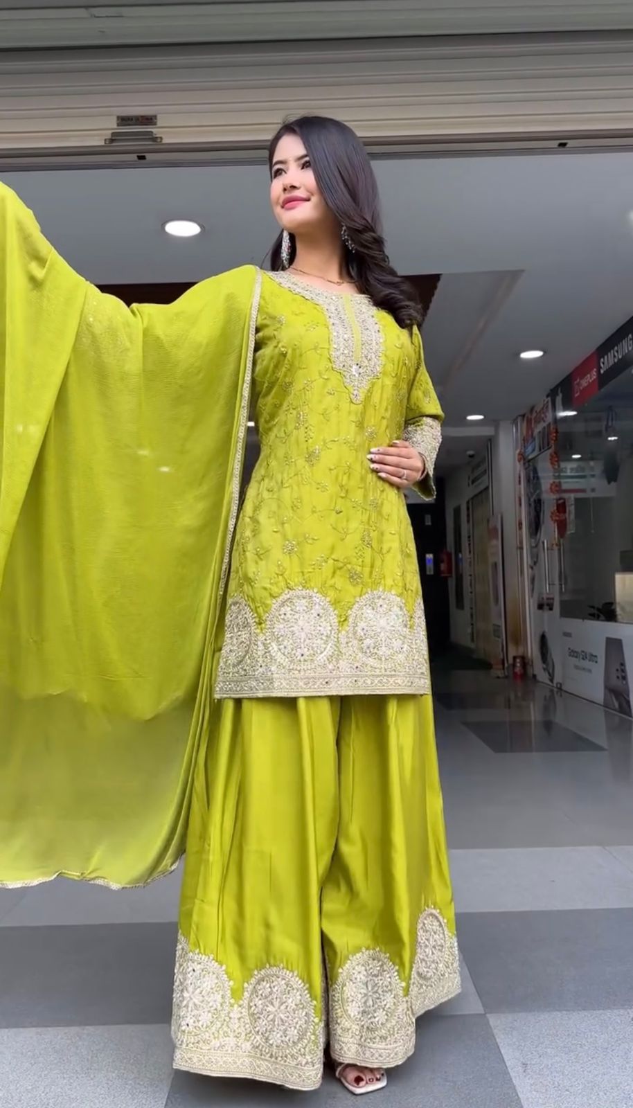 Designer Heavy Chinon Silk Embroidered Kurti Plazzo Dupatta Set