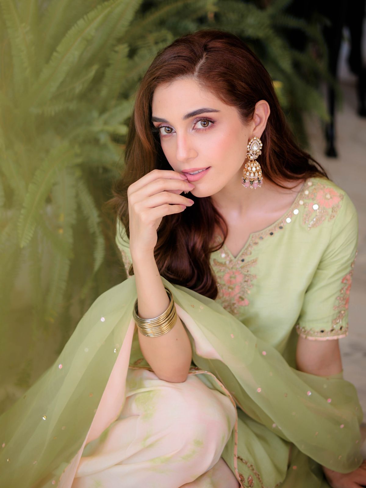 Designer Pure Crepe Party Wear Top & Farshi Palazzo with Dupatta. Embroidery, sequins & mirror work.