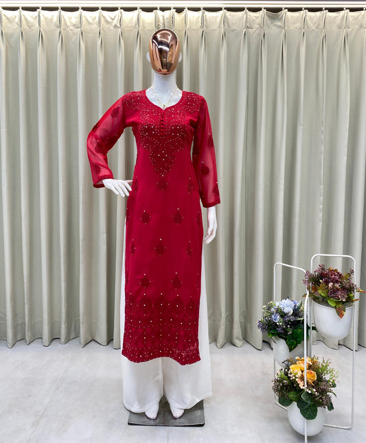 Designer Georgette Embroidered Top with Plazo Set